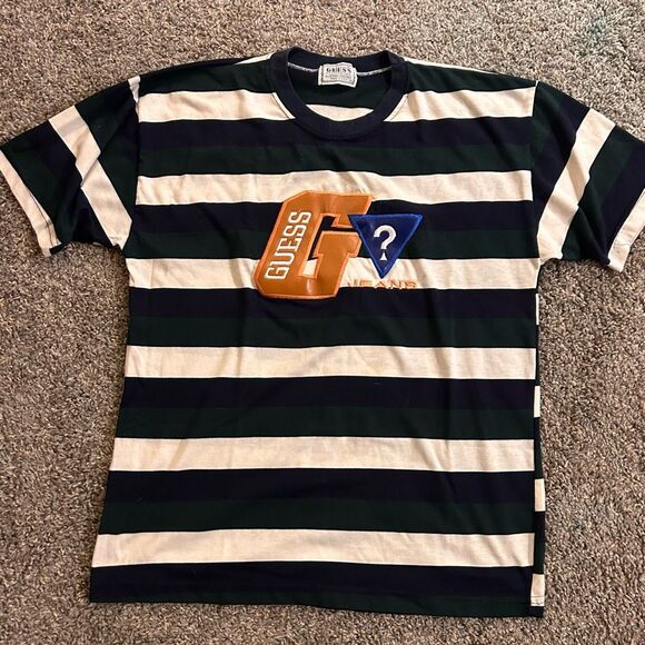 Vintage Guess T-Shirt Blue & Green Stripe Mens Large *Tag says XXL (See Details) - Picture 1 of 5
